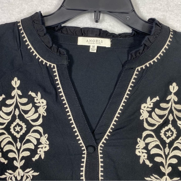 Angels Forever Young Boho Floral Blouse Women M Black Embroidered 3/4 Sleeve NWT - Picture 4 of 15